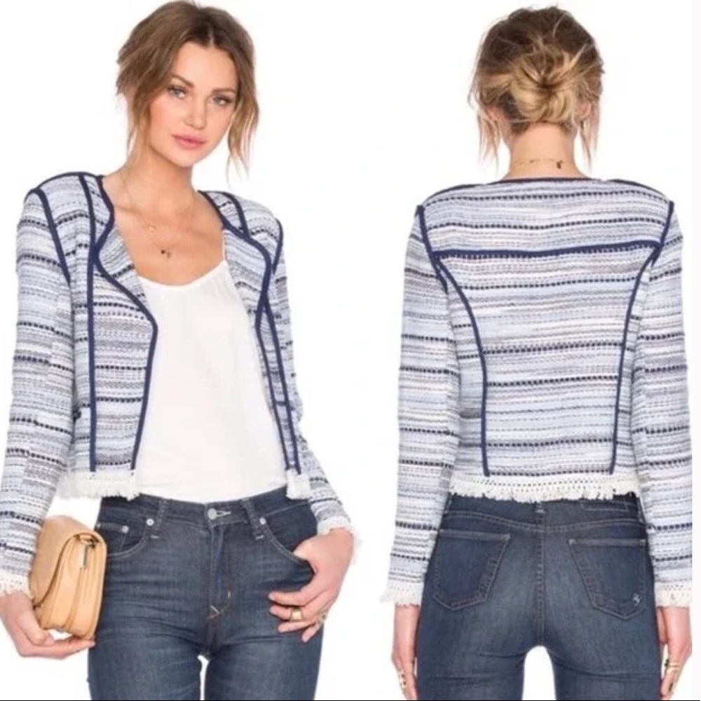 Lovers + Friends Medium Open Front Tweed Fringe Blazer NWT